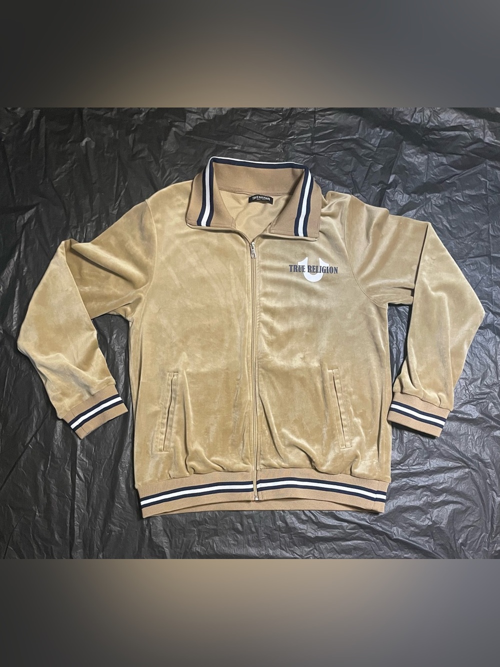 True Religion Men's World Tour Tan Velour Zip-Up Track Jacket M